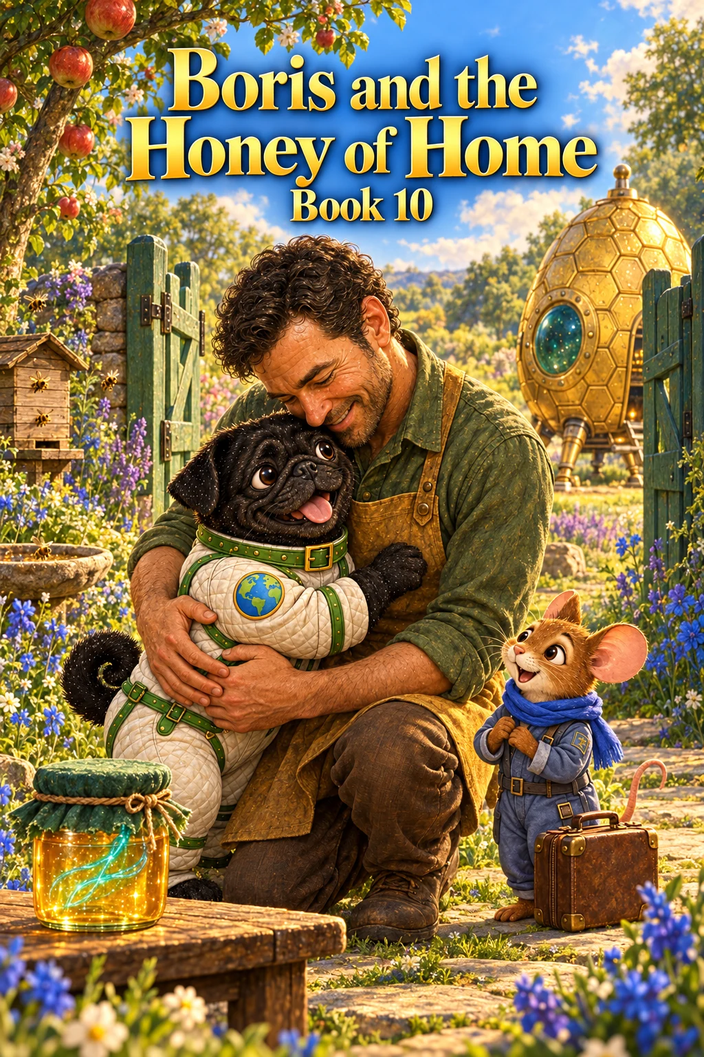 Cover of Boris and the Honey of Home, showing Boris the black pug reunited with GR33N while Milo stands beside them in a garden.