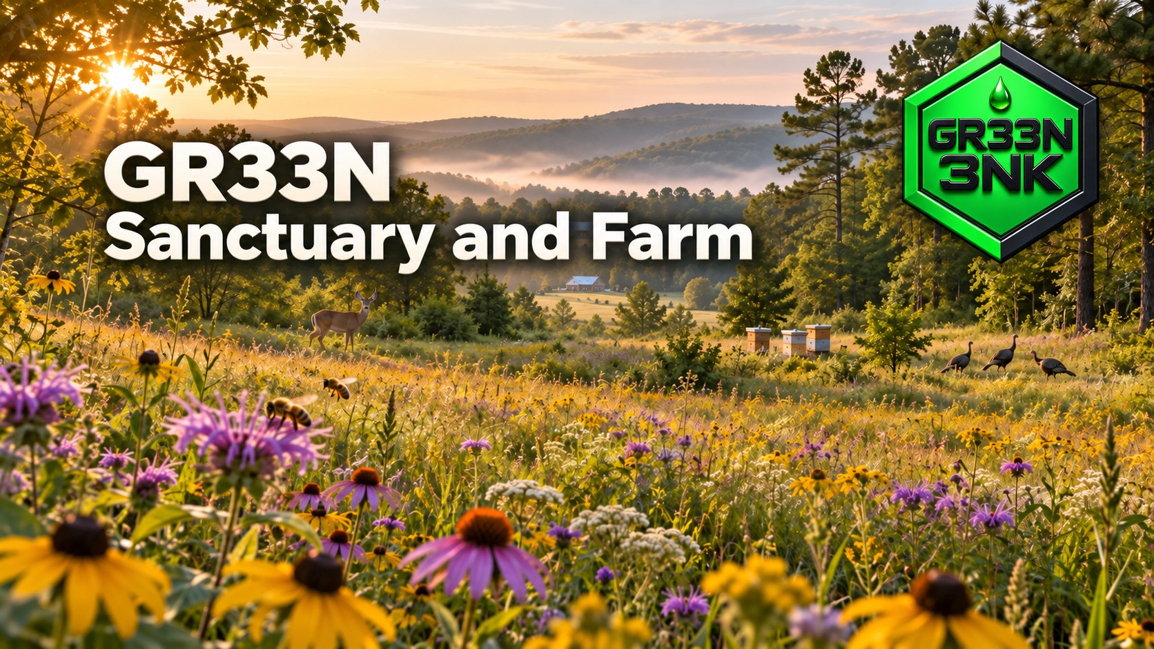 AI-generated concept visualization of the planned GR33N Sanctuary and Farm, with wildflowers, bees, wildlife and forest habitat.